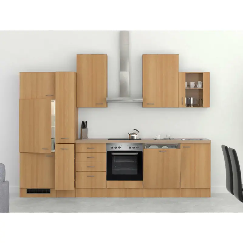 Küchenblock 310 cm in Creme, Buchefarben, Edelstahlfarben