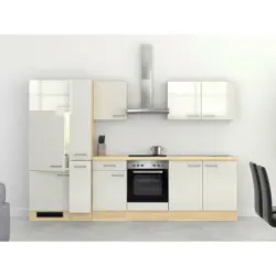 Küchenblock 300 cm in Akaziefarben, Edelstahlfarben, Perlmutt