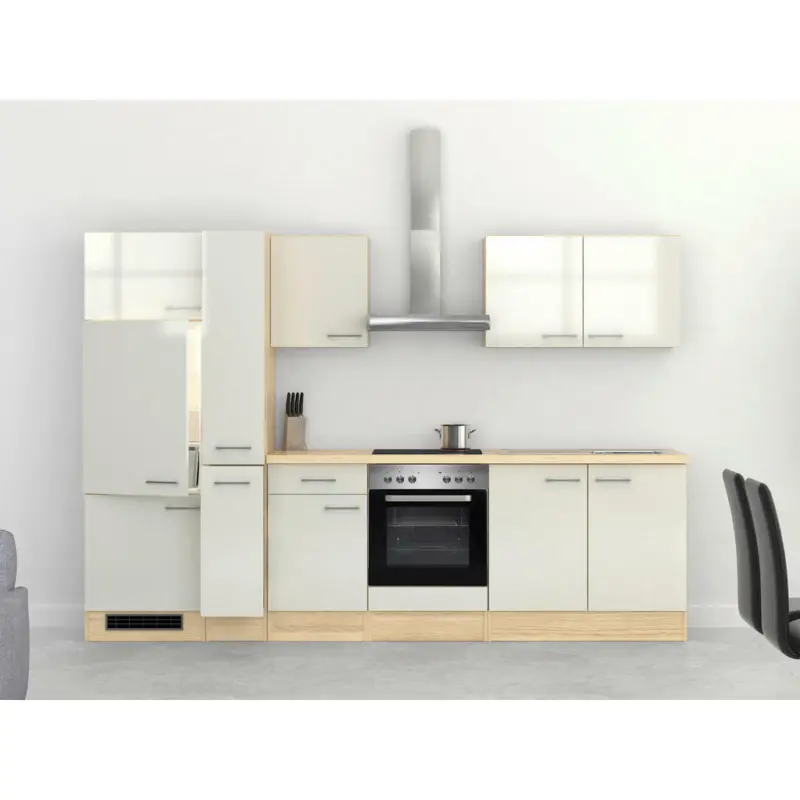 Küchenblock 300 cm in Akaziefarben, Edelstahlfarben, Perlmutt