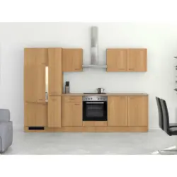 Küchenblock 300 cm in Creme, Buchefarben, Edelstahlfarben