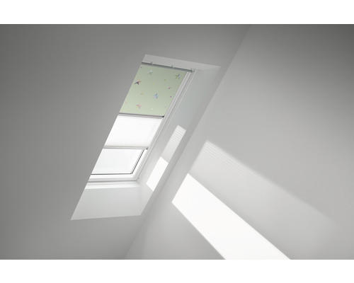 VELUX Vorteils-Set Verdunkelungsrollo Kids Grüne Sterne und Faltstore Plissee weiß manuell Rahmen weiß DFD PK08 4661SWL