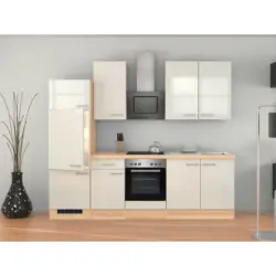 Küchenblock 270 cm in Akaziefarben, Edelstahlfarben, Perlmutt