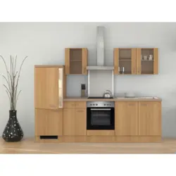 Küchenblock 270 cm in Creme, Buchefarben, Edelstahlfarben