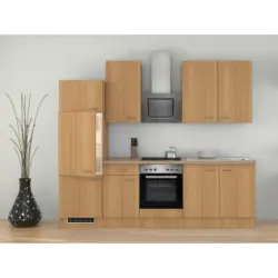 Küchenblock 270 cm in Creme, Buchefarben, Edelstahlfarben