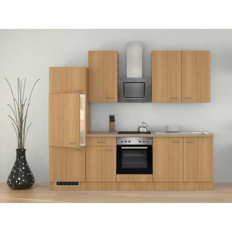 Küchenblock 270 cm in Creme, Buchefarben, Edelstahlfarben
