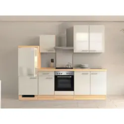 Küchenblock 270 cm in Akaziefarben, Edelstahlfarben, Perlmutt