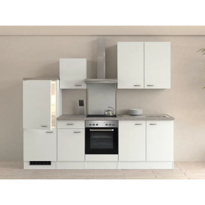 Küchenblock 270 cm in Grau, Weiß, Edelstahlfarben