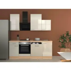 Küchenblock 220 cm in Akaziefarben, Edelstahlfarben, Perlmutt