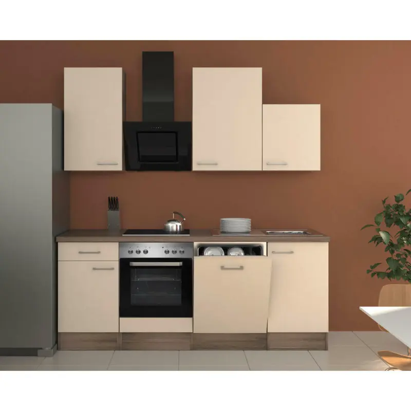 Küchenblock 220 cm in Eichefarben, Edelstahlfarben, Magnolie