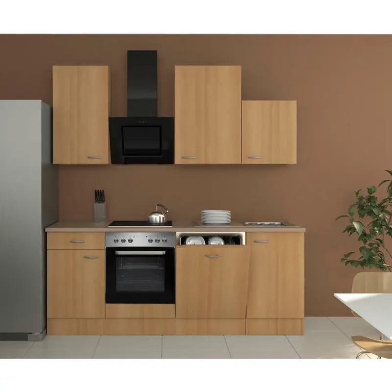 Küchenblock 220 cm in Creme, Buchefarben, Edelstahlfarben