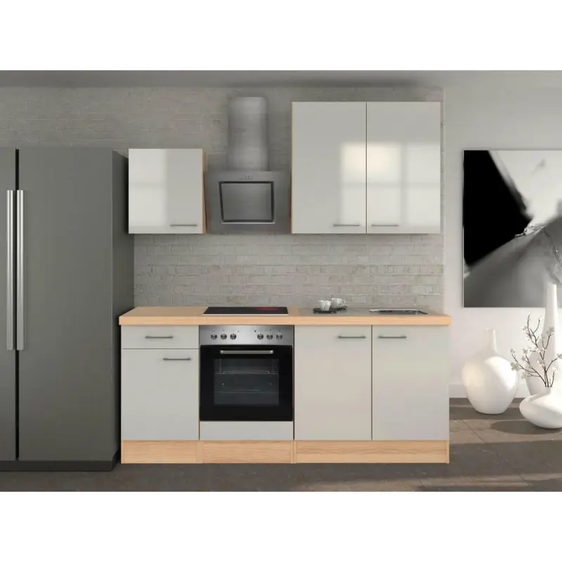 Küchenblock 210 cm in Akaziefarben, Edelstahlfarben, Perlmutt