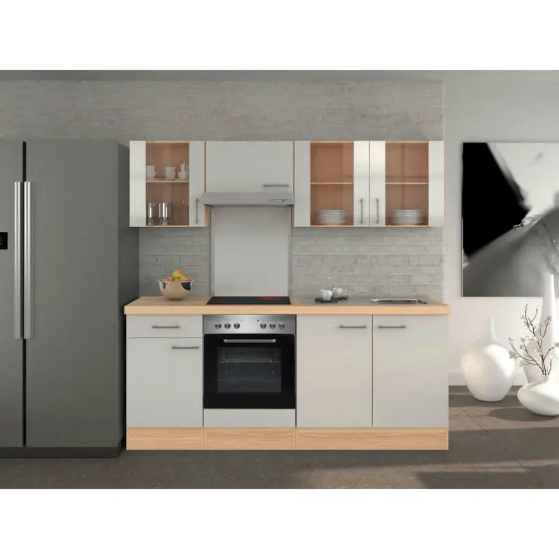 Küchenblock 210 cm in Akaziefarben, Edelstahlfarben, Perlmutt