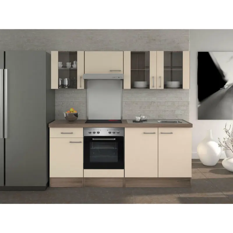 Küchenblock 210 cm in Eichefarben, Edelstahlfarben, Magnolie