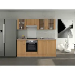 Küchenblock 210 cm in Creme, Buchefarben, Edelstahlfarben