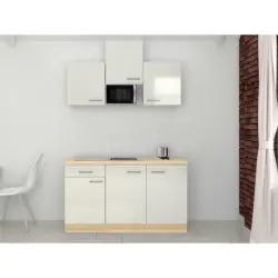 Miniküche 150 cm in Akaziefarben, Edelstahlfarben, Perlmutt