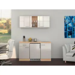 Miniküche 150 cm in Akaziefarben, Edelstahlfarben, Perlmutt