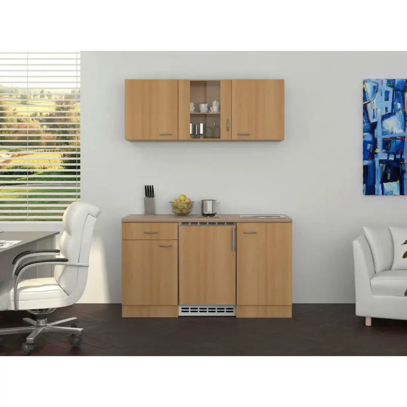 Miniküche 150 cm in Creme, Buchefarben, Edelstahlfarben