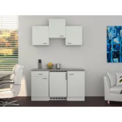 Miniküche 150 cm in Grau, Weiß, Edelstahlfarben