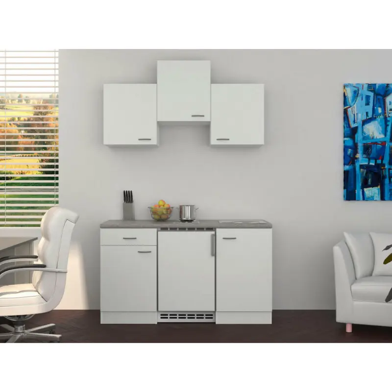 Miniküche 150 cm in Grau, Weiß, Edelstahlfarben