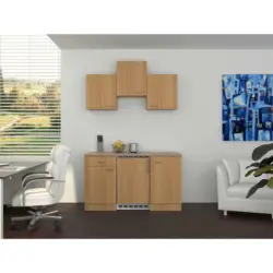 Miniküche 150 cm in Creme, Buchefarben, Edelstahlfarben