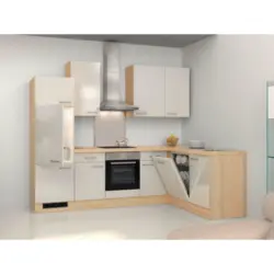 Eckküche 280/170 cm in Akaziefarben, Edelstahlfarben, Perlmutt