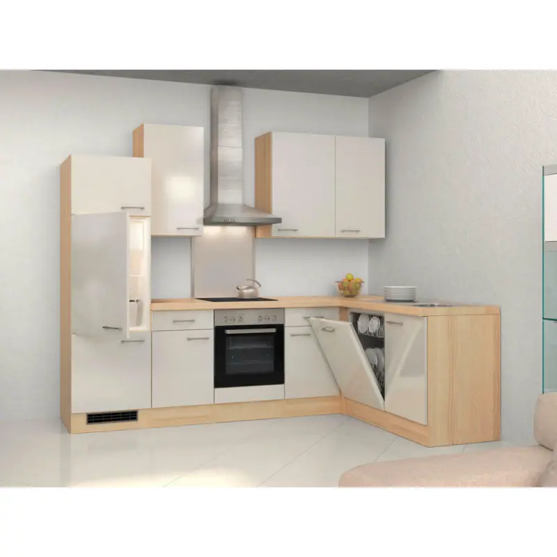 Eckküche 280/170 cm in Akaziefarben, Edelstahlfarben, Perlmutt