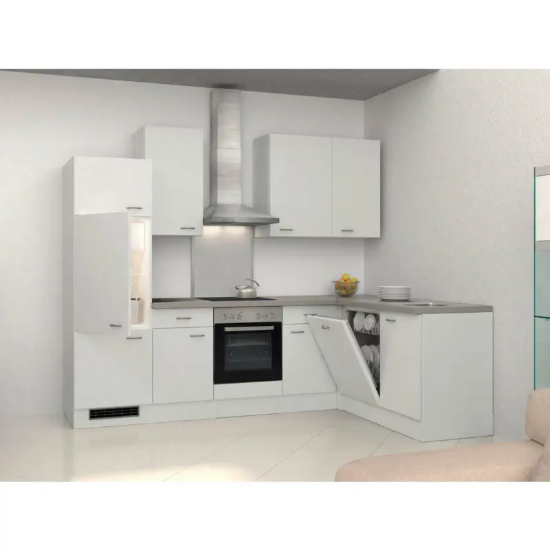 Eckküche 280/170 cm in Grau, Weiß, Edelstahlfarben