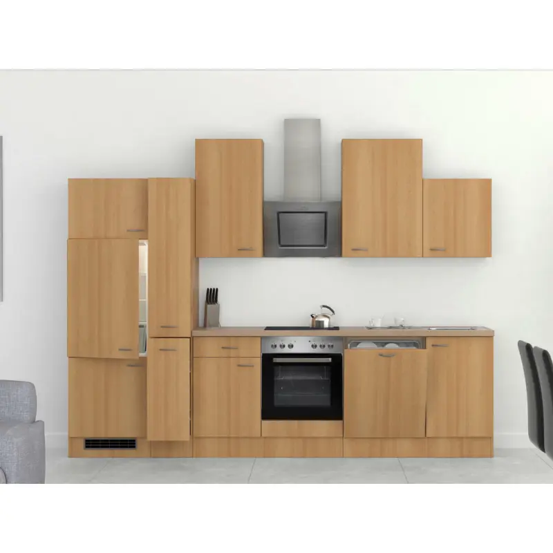 Küchenblock 310 cm in Buchefarben, Edelstahlfarben, Hellbraun