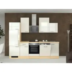 Küchenblock 280 cm in Akaziefarben, Edelstahlfarben, Perlmutt