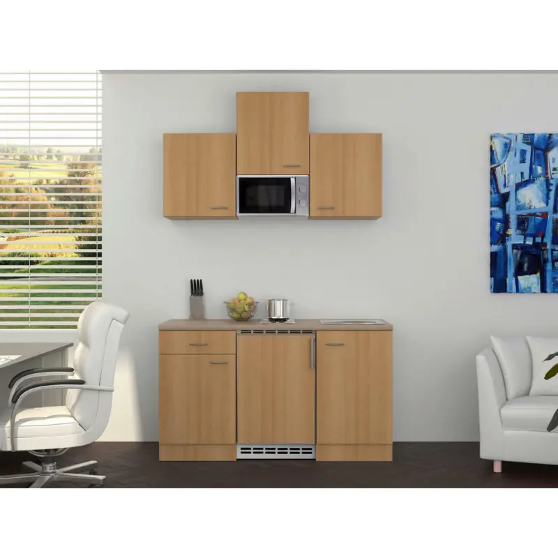 Miniküche 150 cm in Creme, Buchefarben