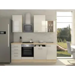 Küchenblock 220 cm in Akaziefarben, Edelstahlfarben, Perlmutt