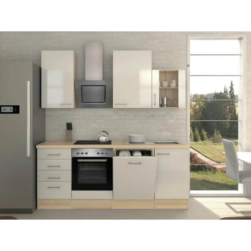 Küchenblock 220 cm in Akaziefarben, Edelstahlfarben, Perlmutt