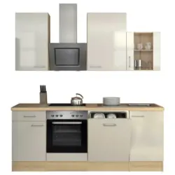 Küchenblock 220 cm in Akaziefarben, Edelstahlfarben, Perlmutt