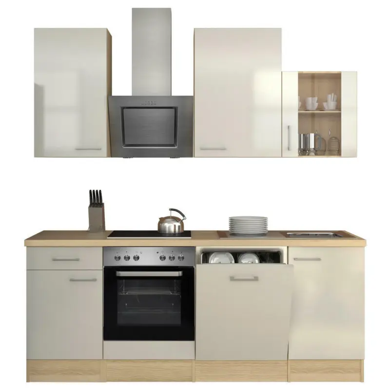 Küchenblock 220 cm in Akaziefarben, Edelstahlfarben, Perlmutt