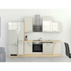 Küchenblock 310 cm in Akaziefarben, Edelstahlfarben, Perlmutt