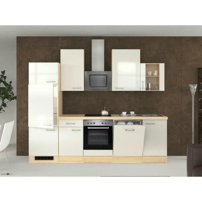 Küchenblock 280 cm in Akaziefarben, Edelstahlfarben, Perlmutt