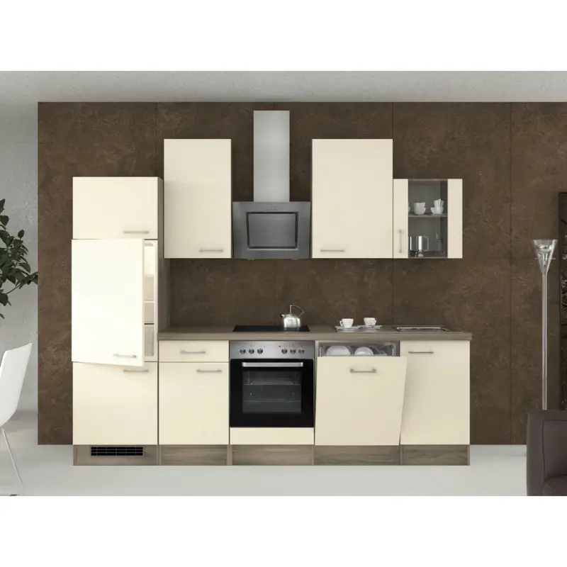 Küchenblock 280 cm in Eichefarben, Edelstahlfarben, Magnolie