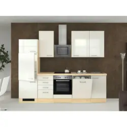 Küchenblock 280 cm in Akaziefarben, Edelstahlfarben, Perlmutt