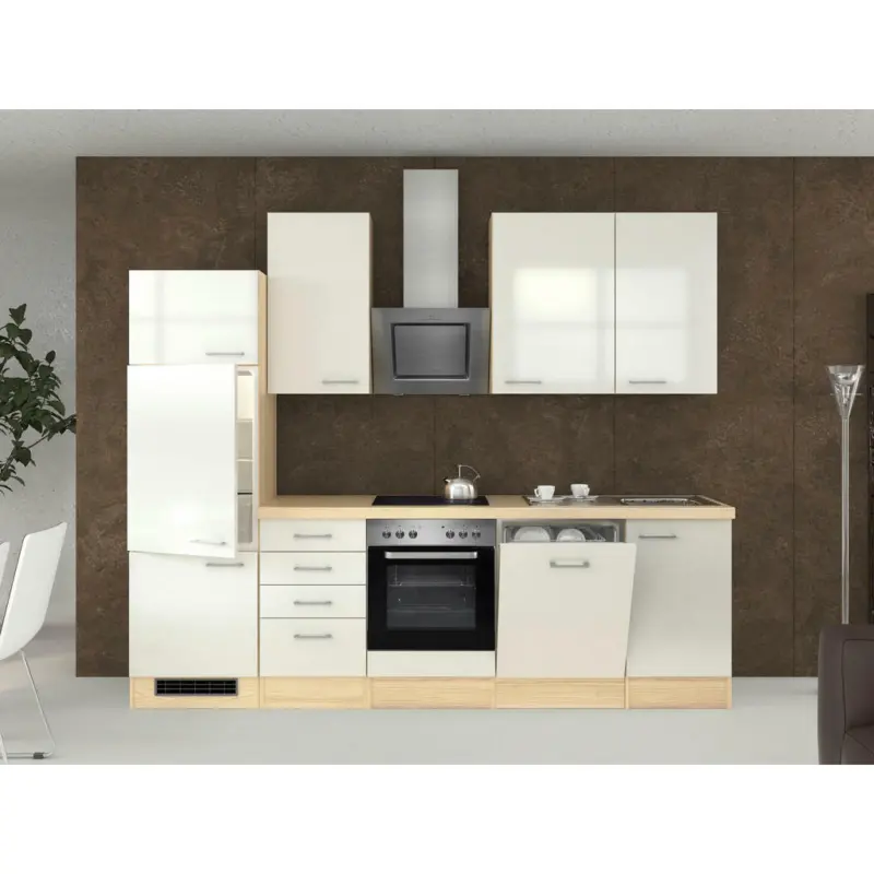 Küchenblock 280 cm in Akaziefarben, Edelstahlfarben, Perlmutt