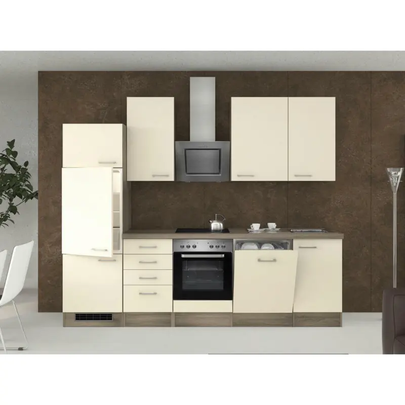 Küchenblock 280 cm in Eichefarben, Edelstahlfarben, Magnolie