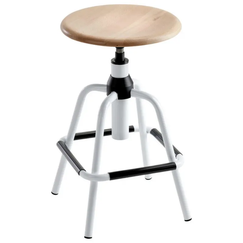 Drehhocker in Holz, Metall Schwarz, Weiß, Buchefarben