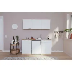 Miniküche 150 cm in Weiß, Eichefarben
