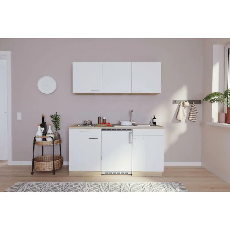 Miniküche 150 cm in Weiß, Eichefarben