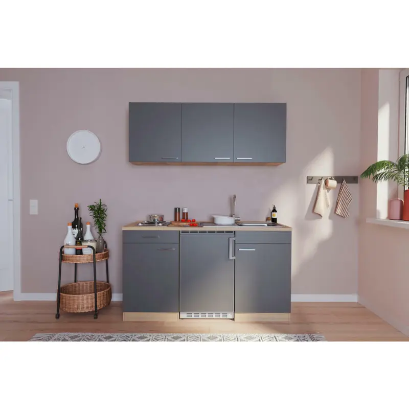 Miniküche 150 cm in Grau, Eichefarben
