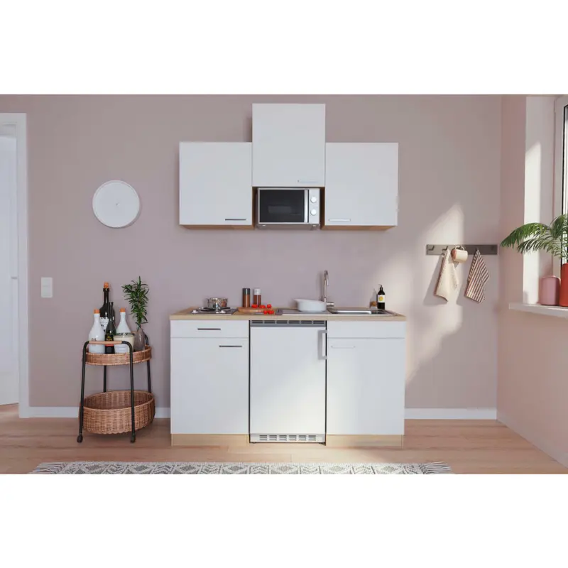 Miniküche 150 cm in Weiß, Eichefarben
