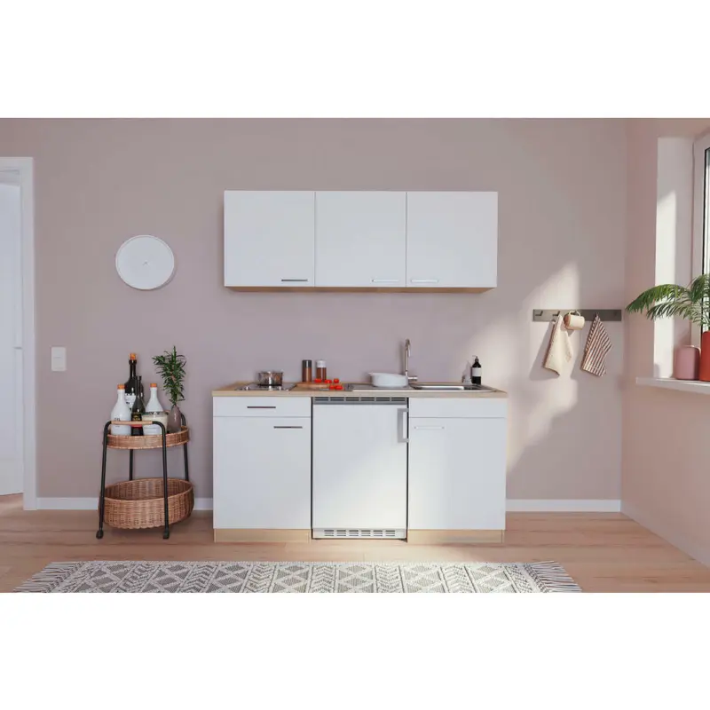 Miniküche 150 cm in Weiß, Eichefarben