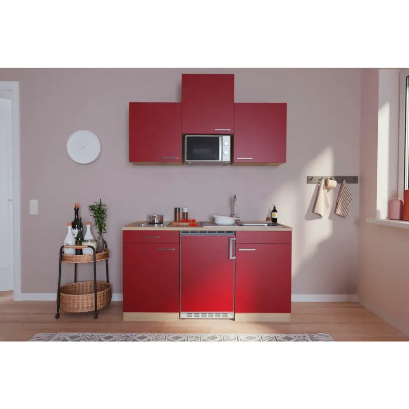 Miniküche 150 cm in Rot, Eichefarben