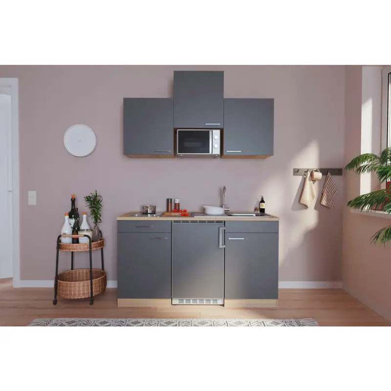 Minik&uuml;che 150 cm in Grau, Eichefarben