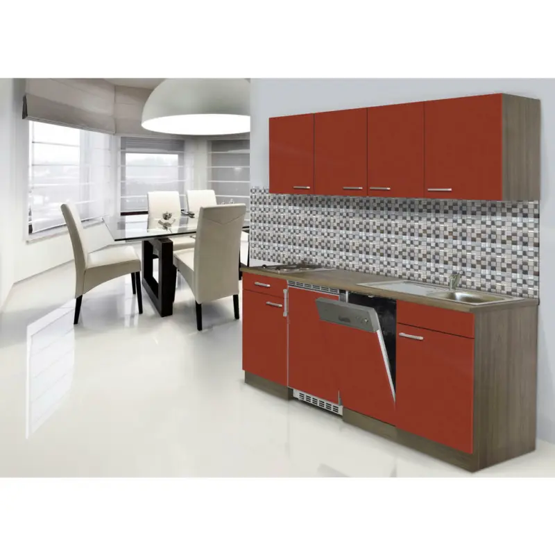 Küchenblock 195 cm in Rot, Eichefarben