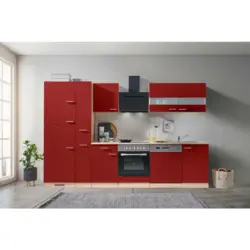 Küchenblock 310 cm in Rot, Eichefarben